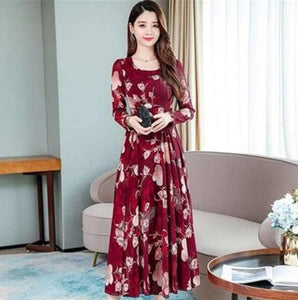 Maroon Floral Print With Full Sleeve Dress
