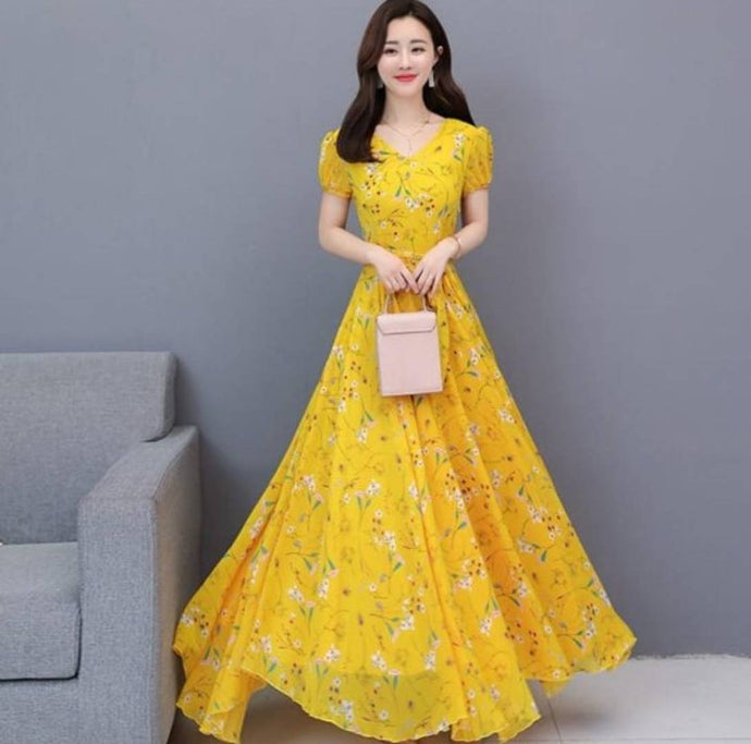 Yellow Flower Print Dress 0106