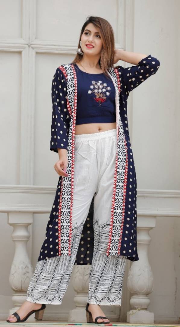 Designer Printed Crop Top and Palazzo Pants With Jacket For Women, Indo  Western