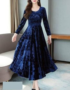 Navy Blue Printed Velvet Long Dress
