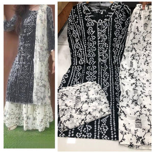 Elite Black Rayon Cotton Printed Women Kurta Skirt Set with Dupatta
