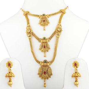 Traditional Gold Plated Ethnic Red And Green Kundan Stone Studded Triple Layer Three Chain Type Designer Long Bridal Wedding Jevellry Set For Girls And Women