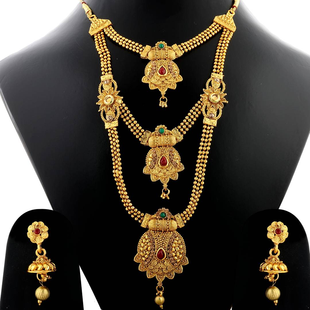 Traditional Gold Plated Ethnic Red And Green Kundan Stone Studded Triple Layer Three Chain Type Designer Long Bridal Wedding Jevellry Set For Girls And Women