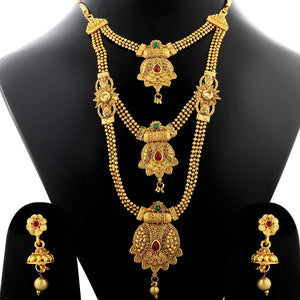 Traditional Gold Plated Ethnic Red And Green Kundan Stone Studded Triple Layer Three Chain Type Designer Long Bridal Wedding Jevellry Set For Girls And Women