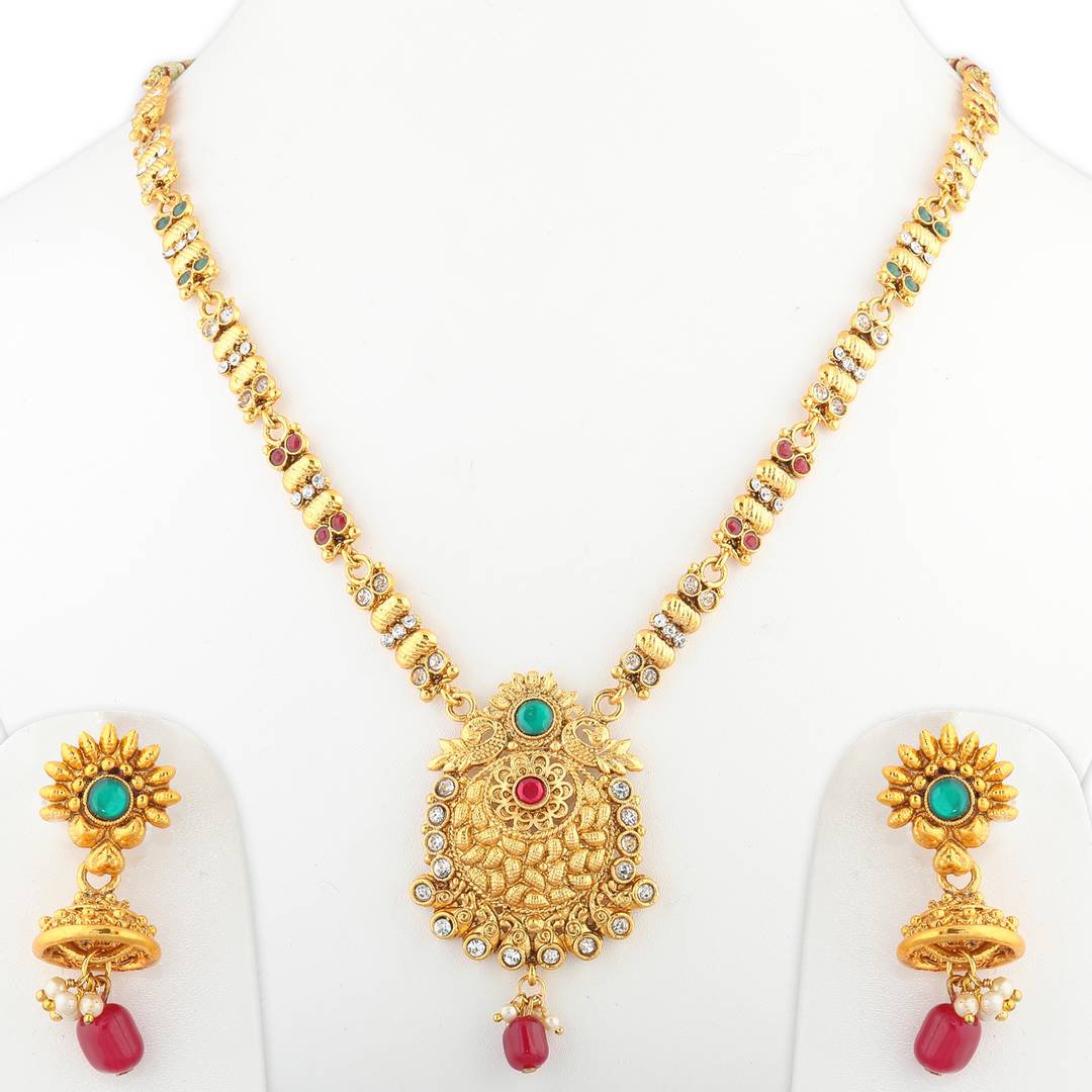 Traditional Gold Plated Ethnic Exclusive Self Textured Red And Green Kundan Stone Studded Bead Drop Designer Long Necklace Wedding Jewellery Set For Girls And Women