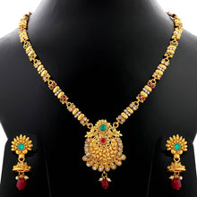 Load image into Gallery viewer, Traditional Gold Plated Ethnic Exclusive Self Textured Red And Green Kundan Stone Studded Bead Drop Designer Long Necklace Wedding Jewellery Set For Girls And Women