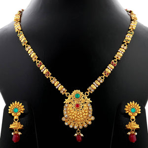 Traditional Gold Plated Ethnic Exclusive Self Textured Red And Green Kundan Stone Studded Bead Drop Designer Long Necklace Wedding Jewellery Set For Girls And Women