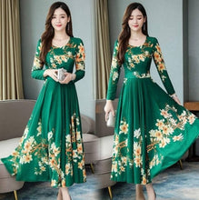 Load image into Gallery viewer, Green Floral Print Long Maxi Dress with Full Sleeve