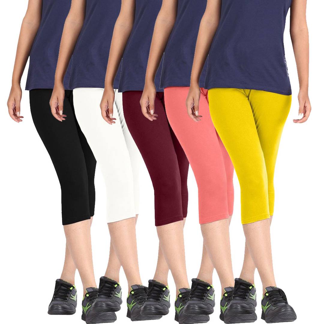 Women Multicoloured Cotton Capris Combo of 5