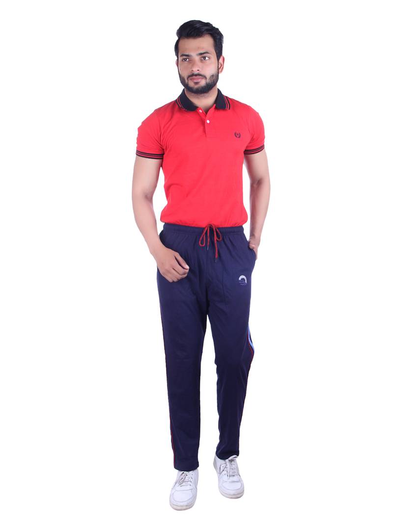 Men's Navy Blue Cotton Solid Regular Track Pants