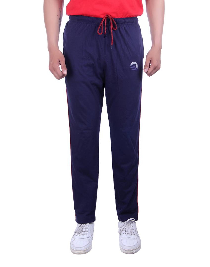 Men's Navy Blue Cotton Solid Regular Track Pants