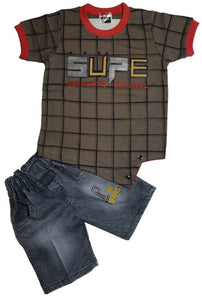 Kids Round Neck T-Shirt With Half Pant (Brown)