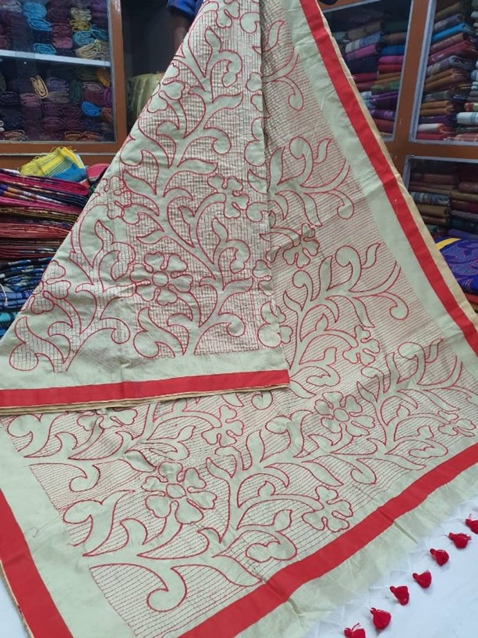 Olive Green Applique Kantha Work Pure Silk Mark Certified Bishnupuri S –  Dailybuyys