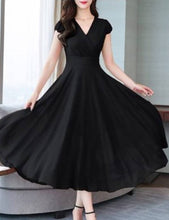 Load image into Gallery viewer, Women Black Solid Georgette Long A-Line Dress