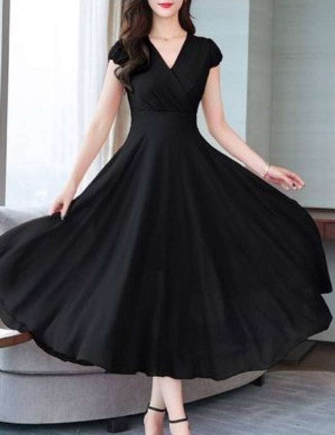 Women Black Solid Georgette Long A-Line Dress