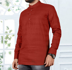 Men's Red Cotton Striped Short Length Kurta