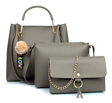 Grey Combo of Hanbag with sling bag and golden chain bag