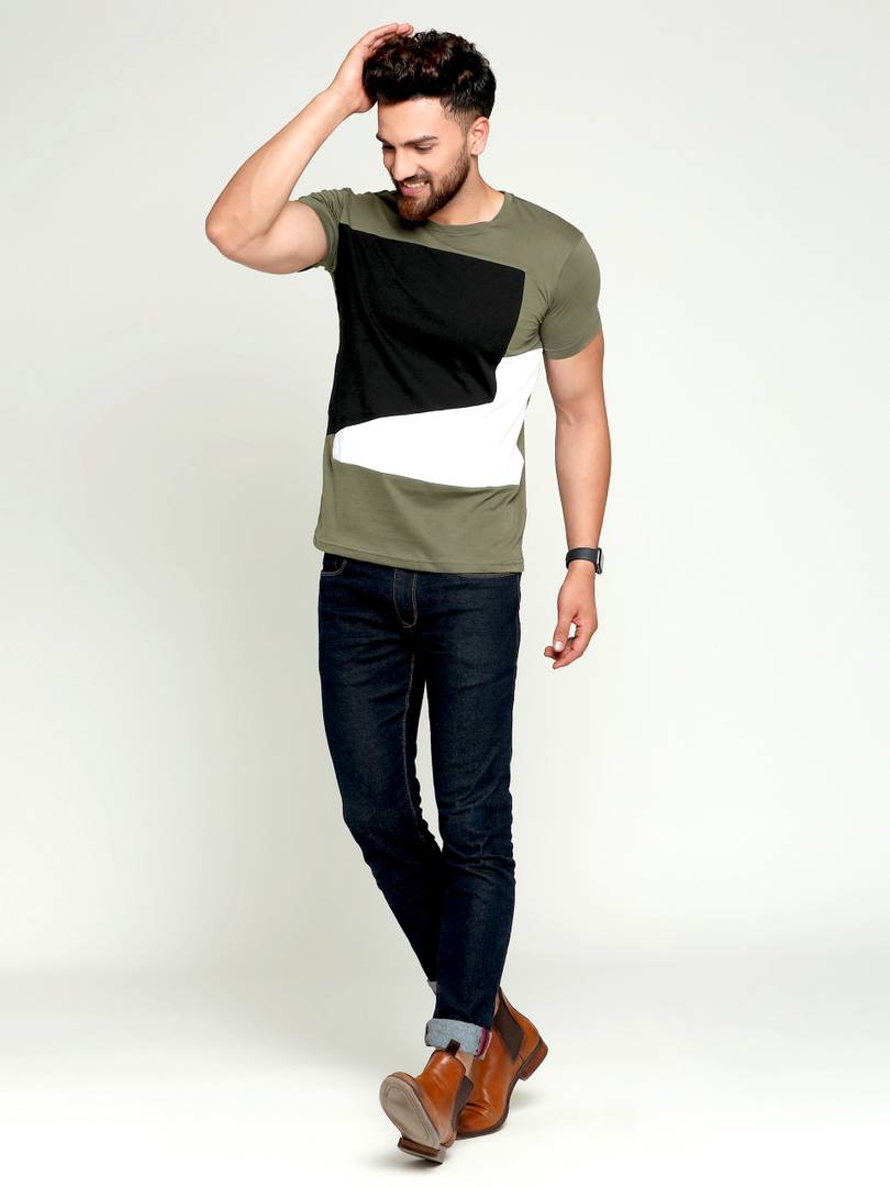 Fashionable Multicoloured Cotton Colourblocked Round Neck Tees