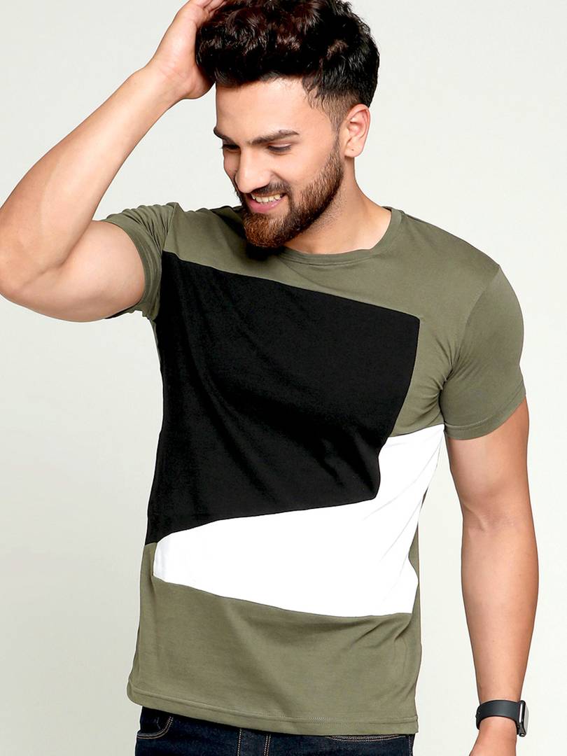 Fashionable Multicoloured Cotton Colourblocked Round Neck Tees