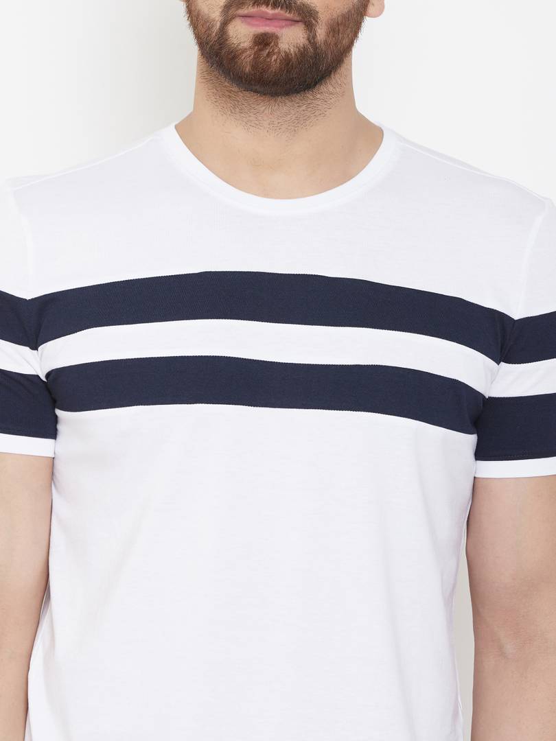 Fashionable White Cotton Striped Round Neck Tees