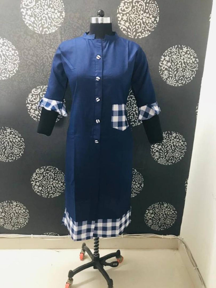 Stylish Navy Blue Bell Sleeves Cotton Kurti For Women's