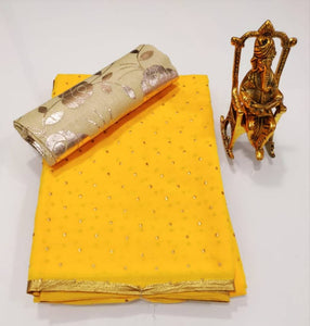 Chiffon Zari Lace Work Saree With Jacquard Blouse Piece