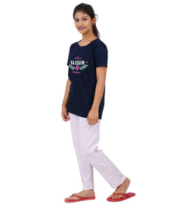 Girls Printed Navy Blue Top With Bottom - Pack of 1