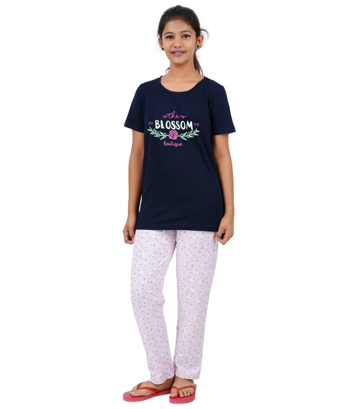 Girls Printed Navy Blue Top With Bottom - Pack of 1