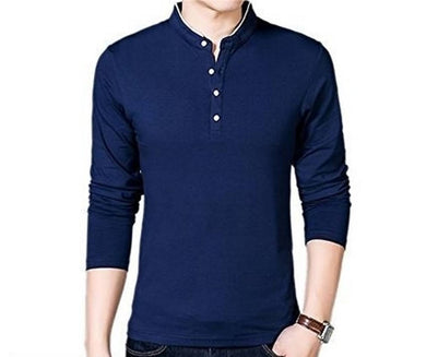 Comfy Navy Blue Solid Cotton Mandarin T-Shirt For Men