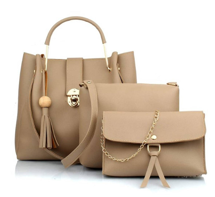 Cream Combo of Handbag with sling bag and golden chain bag