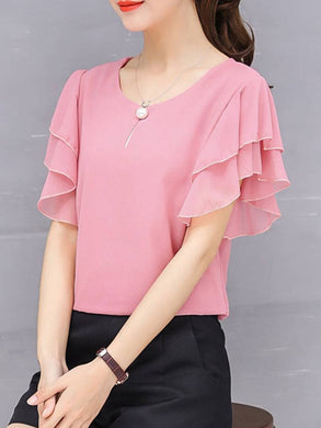 Vivient Women Pink Ruffle Sleeve Neck Button Top