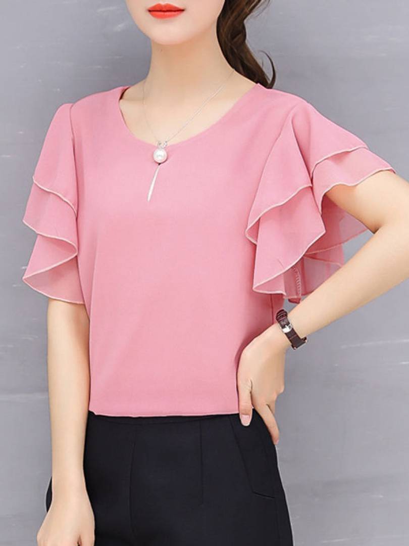 Vivient Women Pink Ruffle Sleeve Neck Button Top