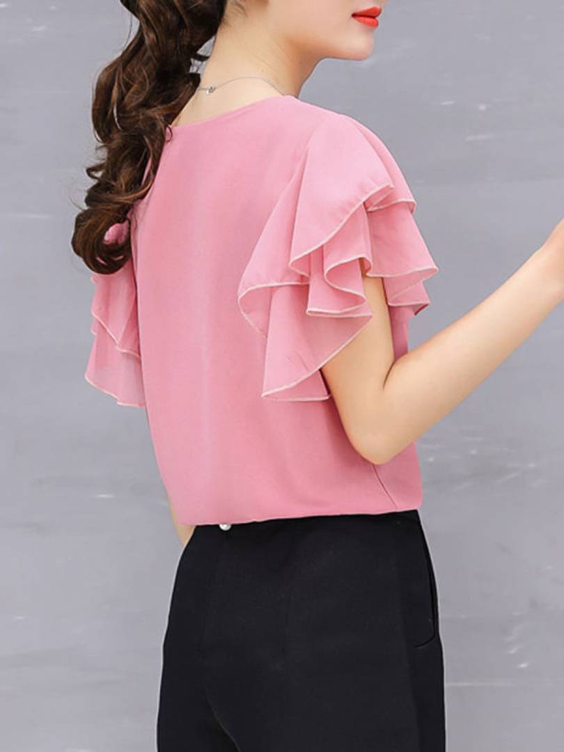 Vivient Women Pink Ruffle Sleeve Neck Button Top