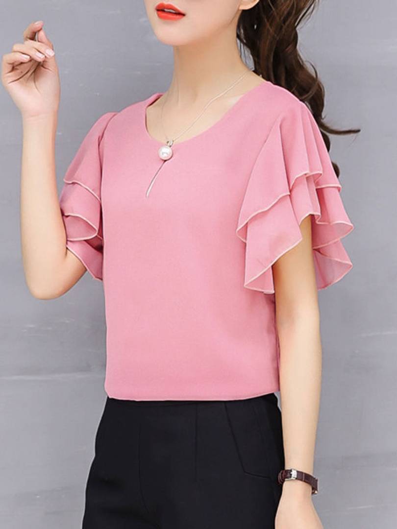 Vivient Women Pink Ruffle Sleeve Neck Button Top