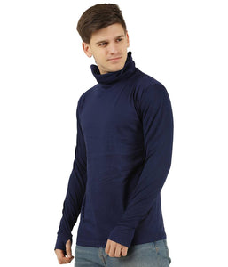 Men's Navy Blue Solid Cotton High Neck T Shirt