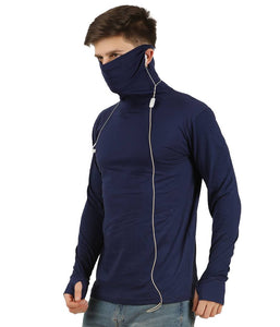 Men's Navy Blue Solid Cotton High Neck T Shirt