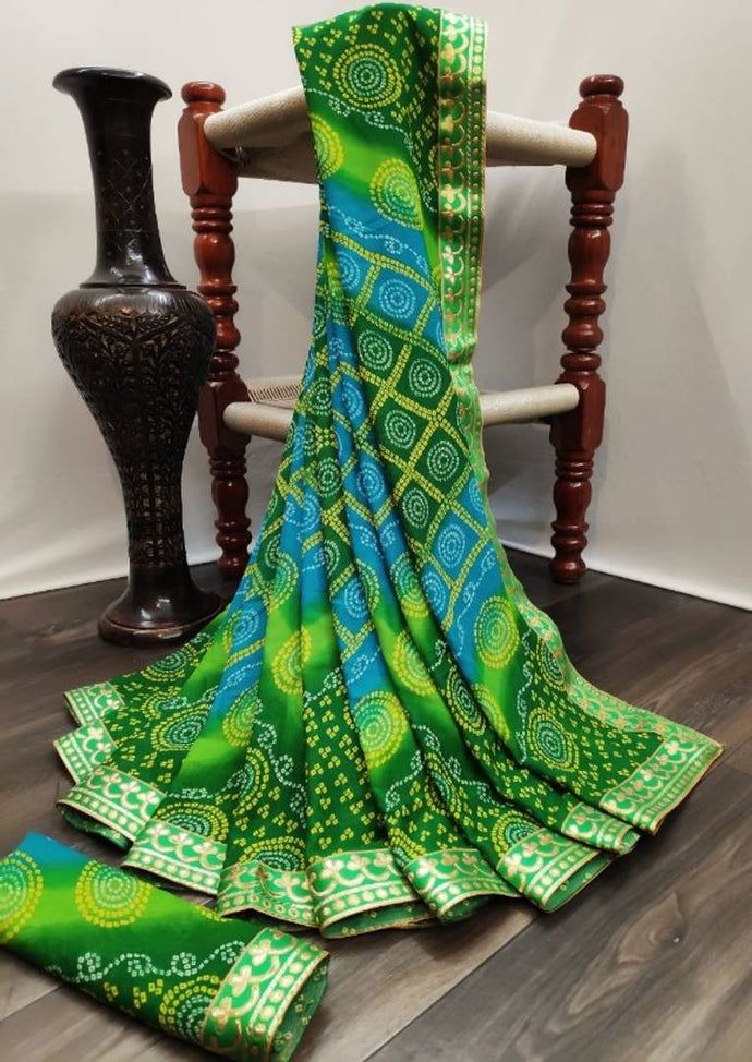 Women's Green Georgette Printed Saree with Blouse piece
