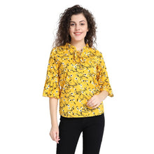 Load image into Gallery viewer, RAABTA MUSTARD FLOWER PRINT TOP WITH NECK GATHER BELL SLEEVES