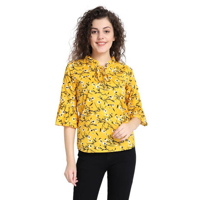 RAABTA MUSTARD FLOWER PRINT TOP WITH NECK GATHER BELL SLEEVES