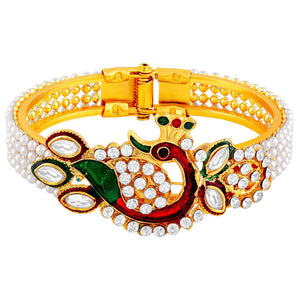 Fancy Peacock Inspired Kundan Pearl Studded Gold Toned Openable Kada For Women