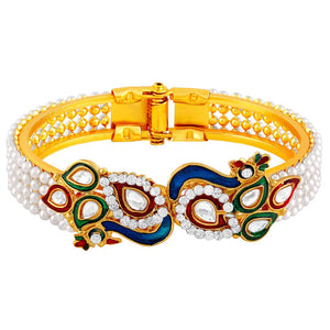Fancy Peacock Inspired Kundan Pearl Studded Gold Toned Openable Kada For Women