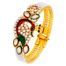 Load image into Gallery viewer, Fancy Peacock Inspired Kundan Pearl Studded Gold Toned Openable Kada For Women