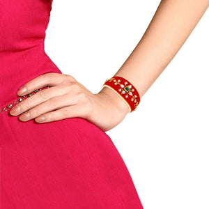 Traditional Velvet Jewel Cuff Red Kada For Women
