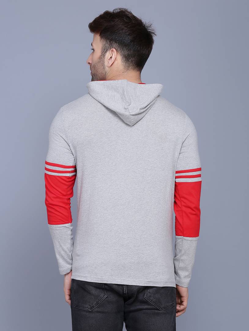 Men's Grey Self Pattern Cotton Hooded T Shirt