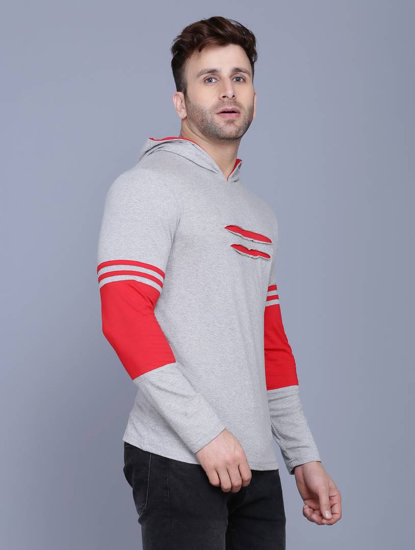 Men's Grey Self Pattern Cotton Hooded T Shirt