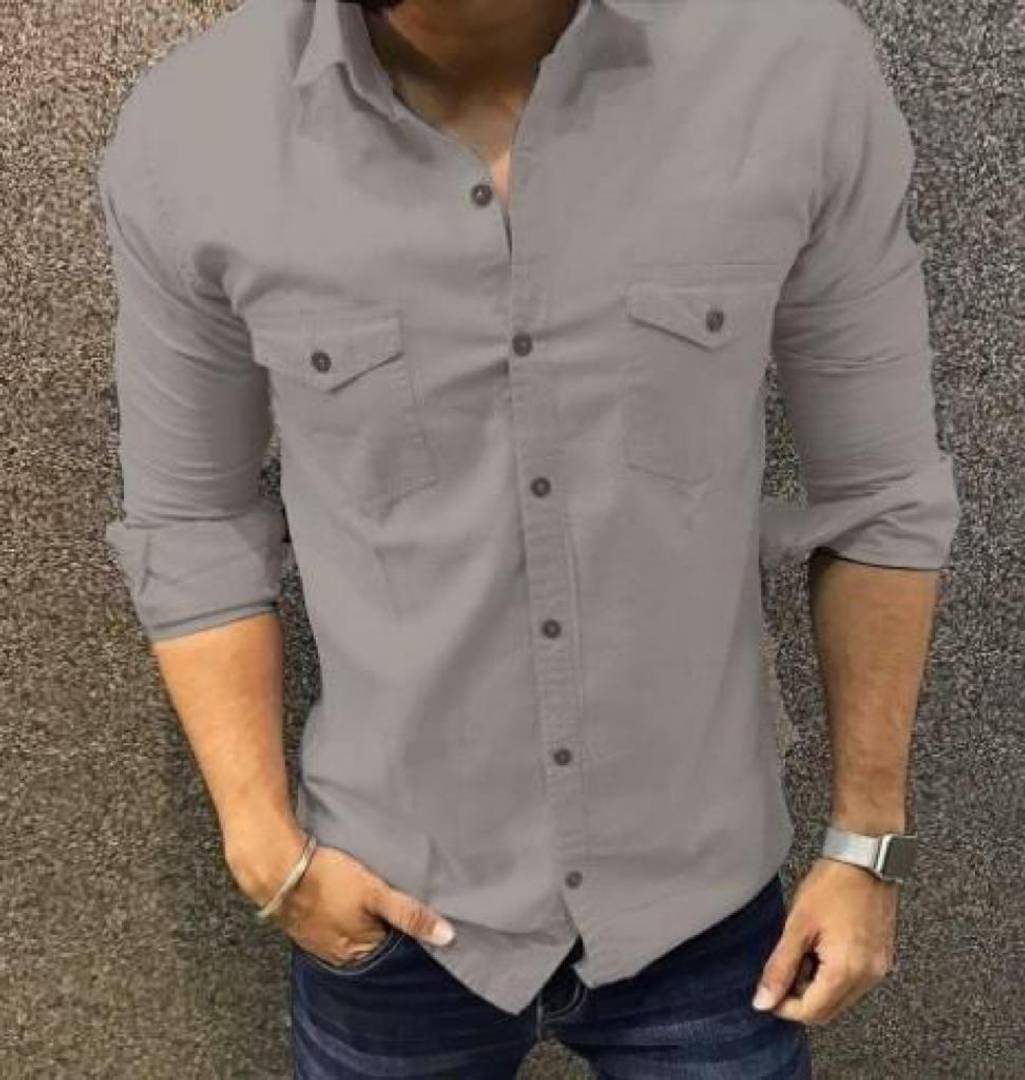 Grey Cotton Solid Long Sleeves Casual Shirt