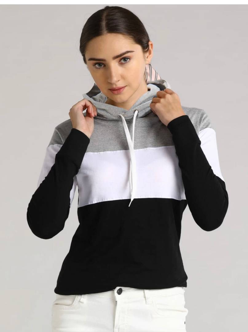 Trendy Multicoloured Cotton Blend Colourblocked Hooded T-Shirt For Women