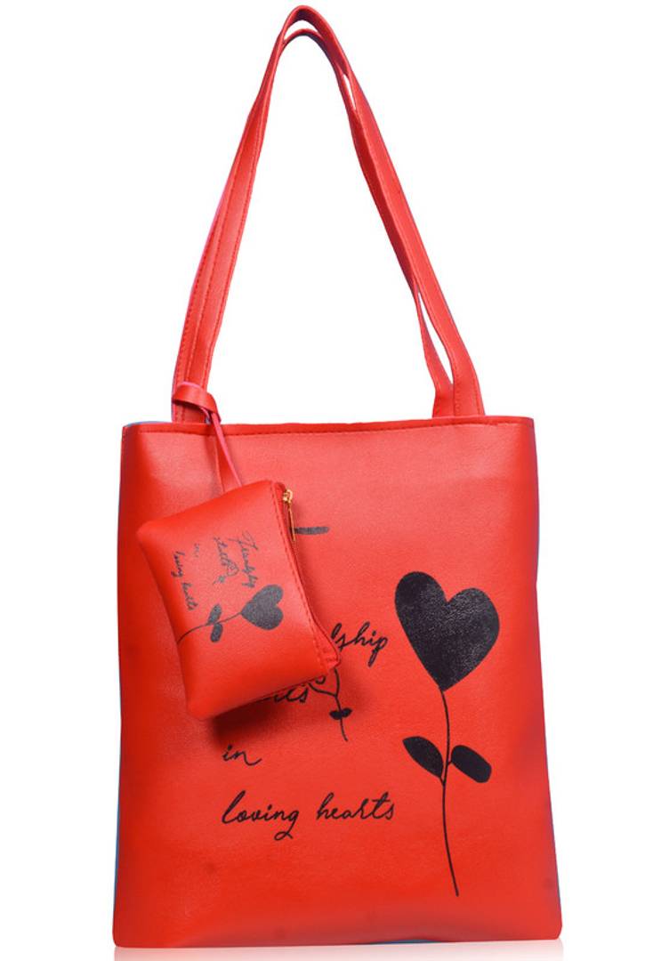 Stylish PU Printed Zipper Tote Bag With Pouch For Women