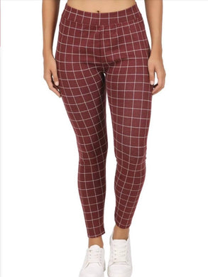 Women's Stylish Ankle Length Check Rib Mehroon Jeggings