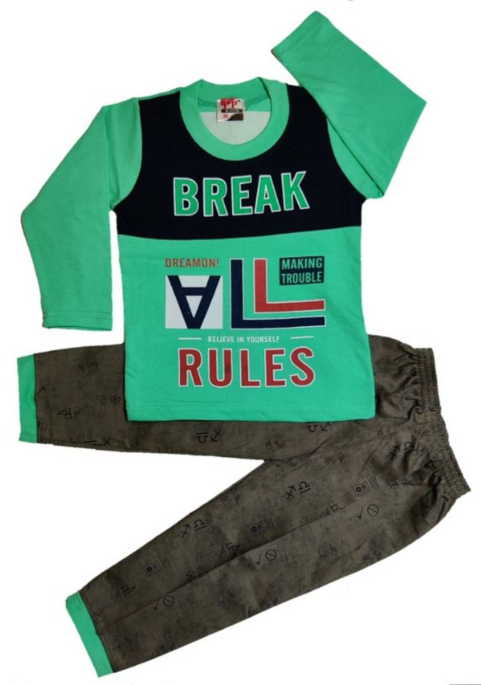 Kids Round Neck T-Shirt With Satin Pant (Green)